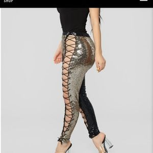 Fashion Nova Black/Gold Lace Up Pants Size XL
